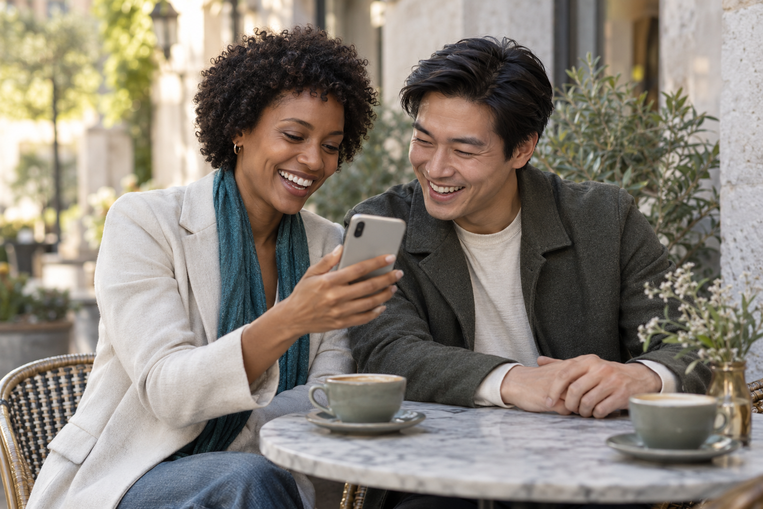 Friends sharing an afternoon outdoors. Synthetic adult image.