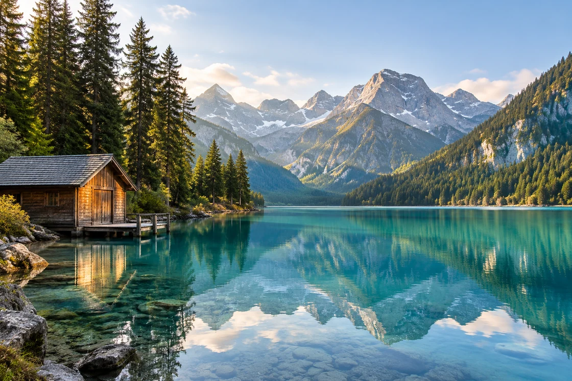 Illustrative shared photo of a turquoise alpine lake and mountains