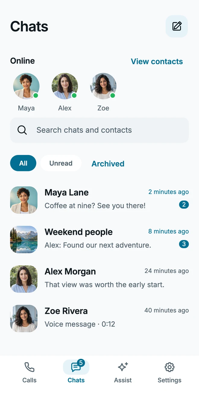 ChatShyld Chats screen with fictional contacts and conversations